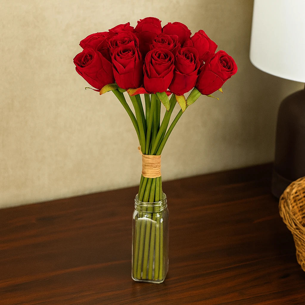 Artificial Rose Flower Bunch – Decorative Rose Bouquet for Weddings & Events - Red