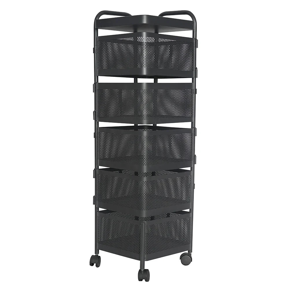 5-Tier Metal Kitchen Storage Rack with Handle / Portable Self-Rotating Metal Storage Trolley with Wheels