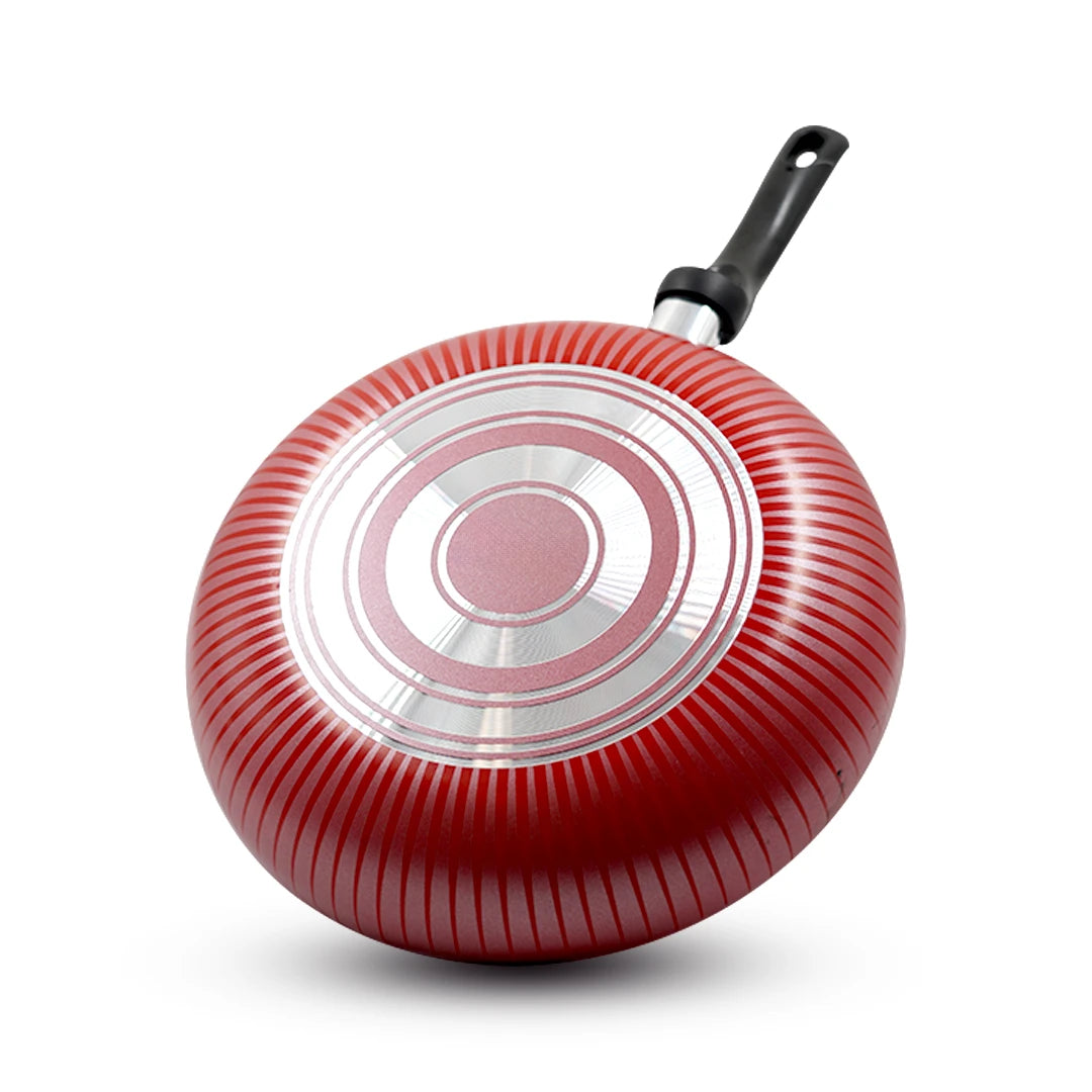 RED STRIPED NON-STICK COOKING PAN WITH GLASS LID-28 x 5.5cm