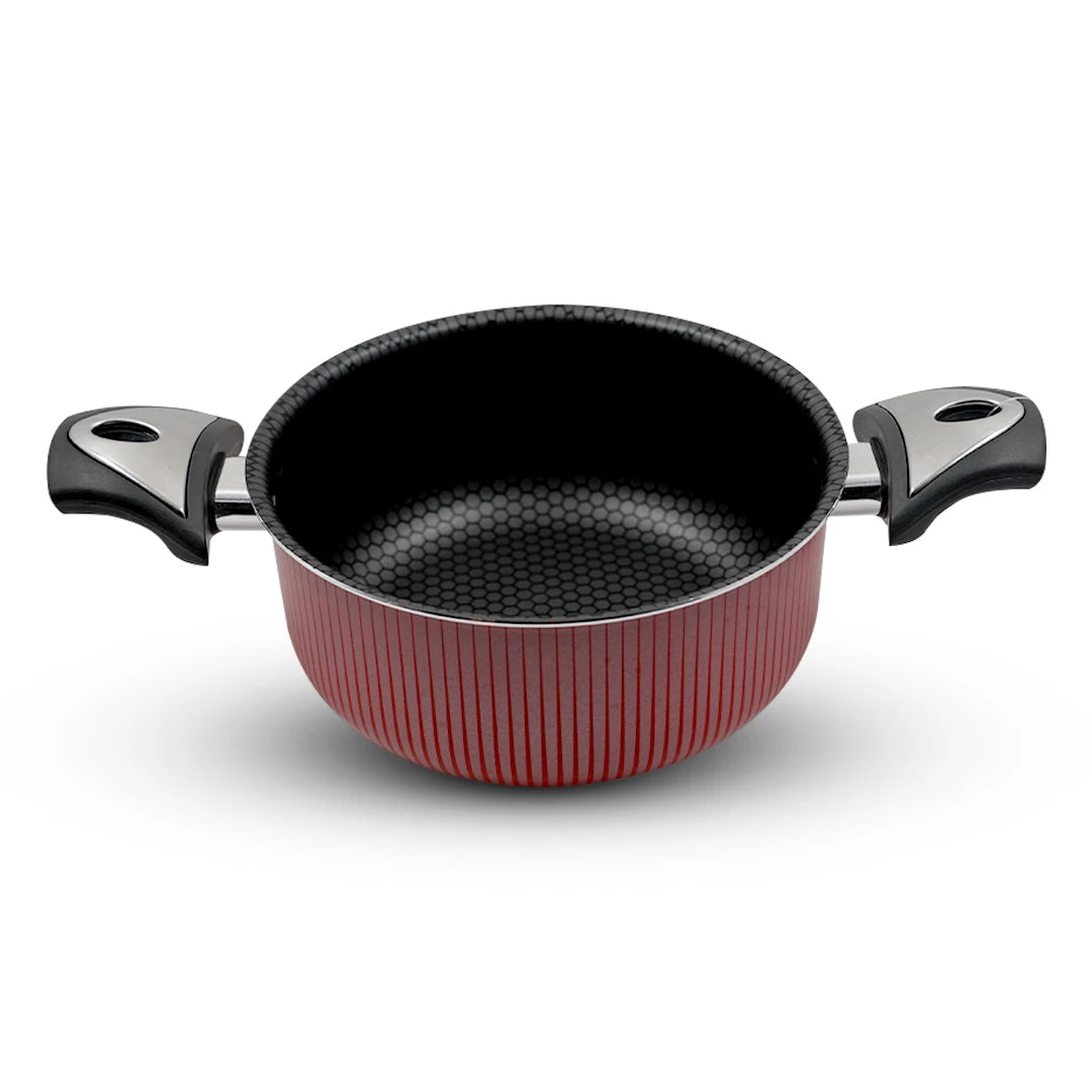 RED STRIPED NON-STICK COOKING POT WITH STAINLESS STEEL LID-20 x 9.5cm