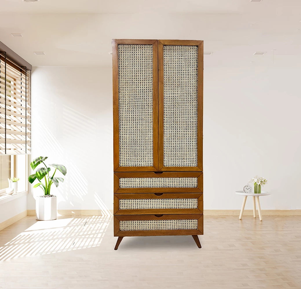 RATTAN DESIGN MAHOGANY CUPBOARD WITH DRAWERS