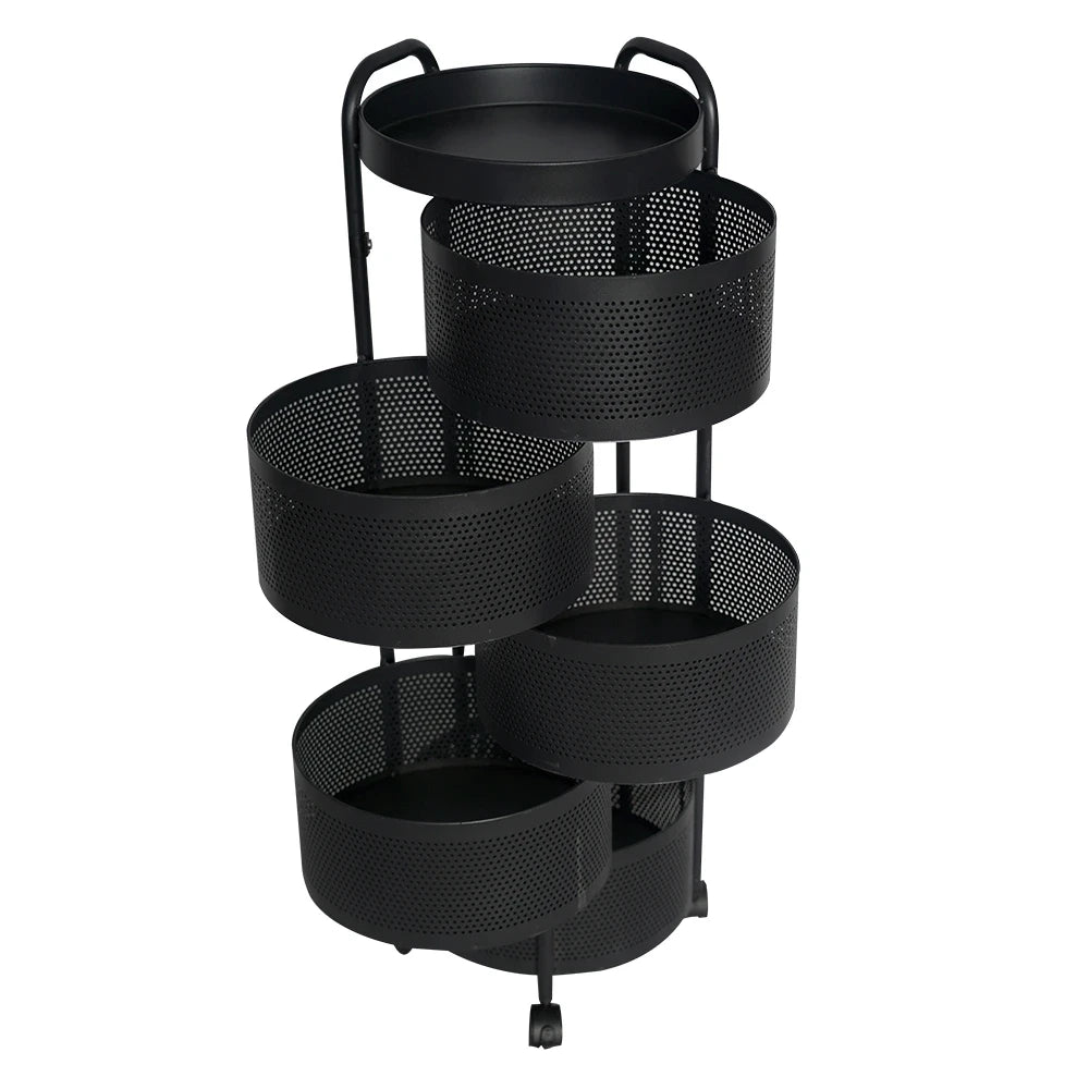 5-Tier Rotating Metal Storage Trolley with Wheels / Black Multi Layer Kitchen Basket Organizer Rack
