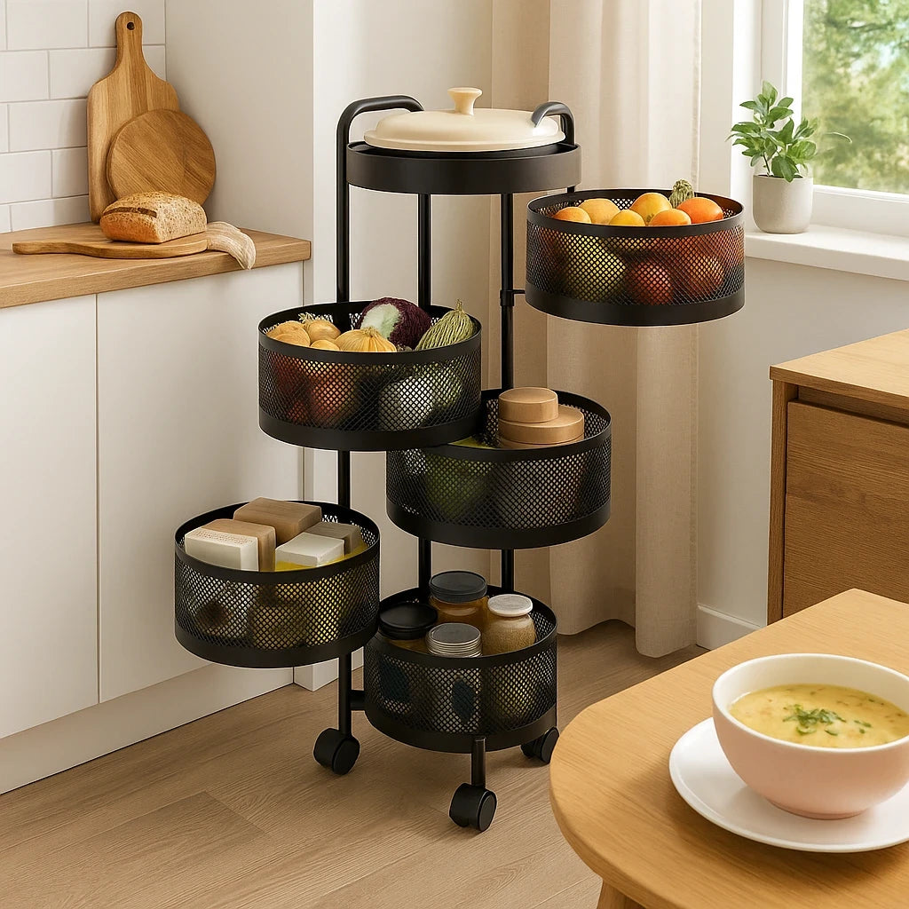 5-Tier Rotating Metal Storage Trolley with Wheels / Black Multi Layer Kitchen Basket Organizer Rack