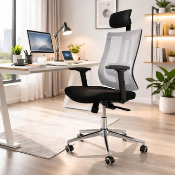 ERGONOMIC MESH EXECUTIVE OFFICE CHAIR WITH HEADREST - GREY