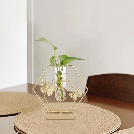 GOLD ASPIRE BUTTERFLY METAL HEXAGON CENTERPIECE VASE