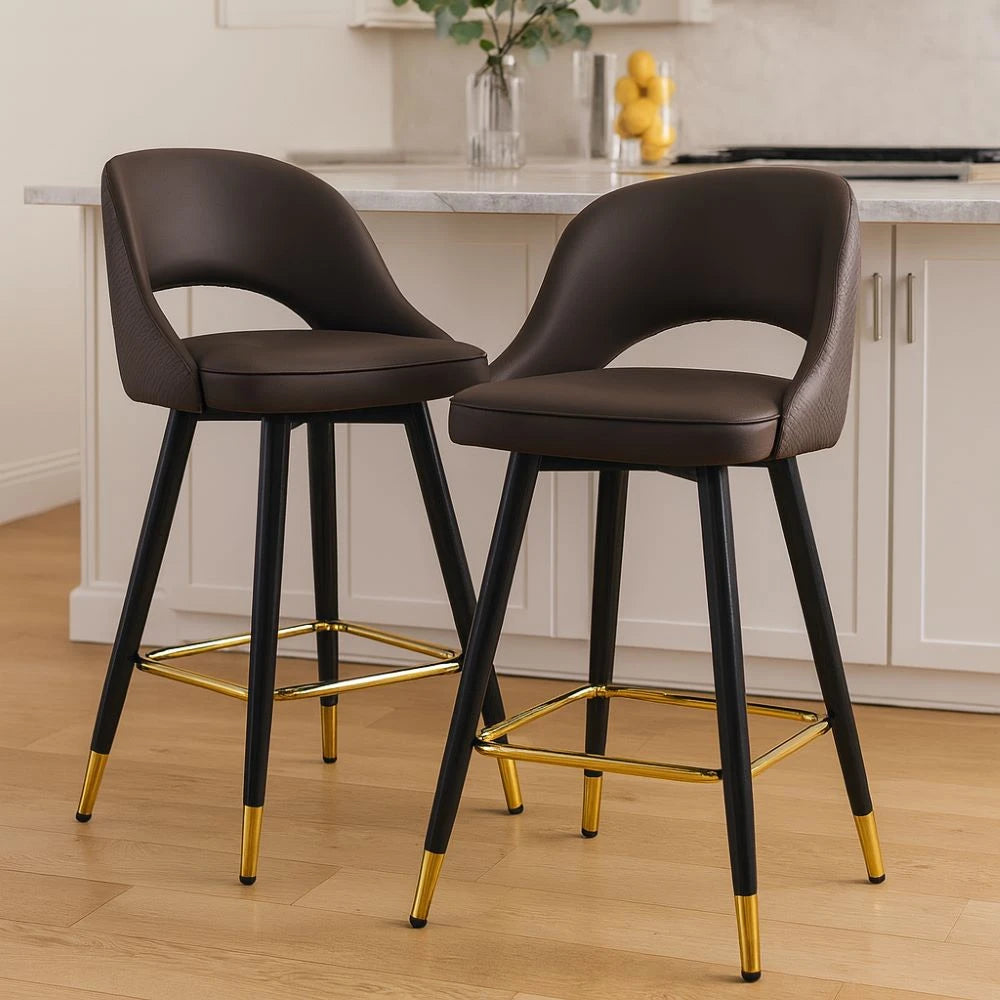 Modern Upholstered Faux Leather Counter Stool with Gold-Tipped Legs-Brown