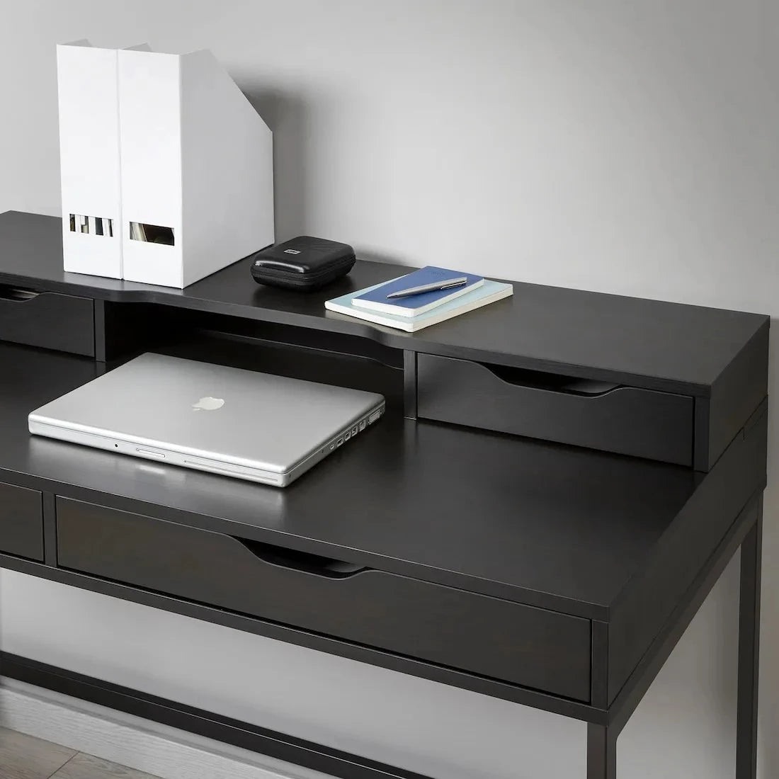 ERGONOMIC BLACK LIAM MONITOR RISER WITH TWO DRAWERS – PERFECT FOR HOME OFFICE & STORAGE