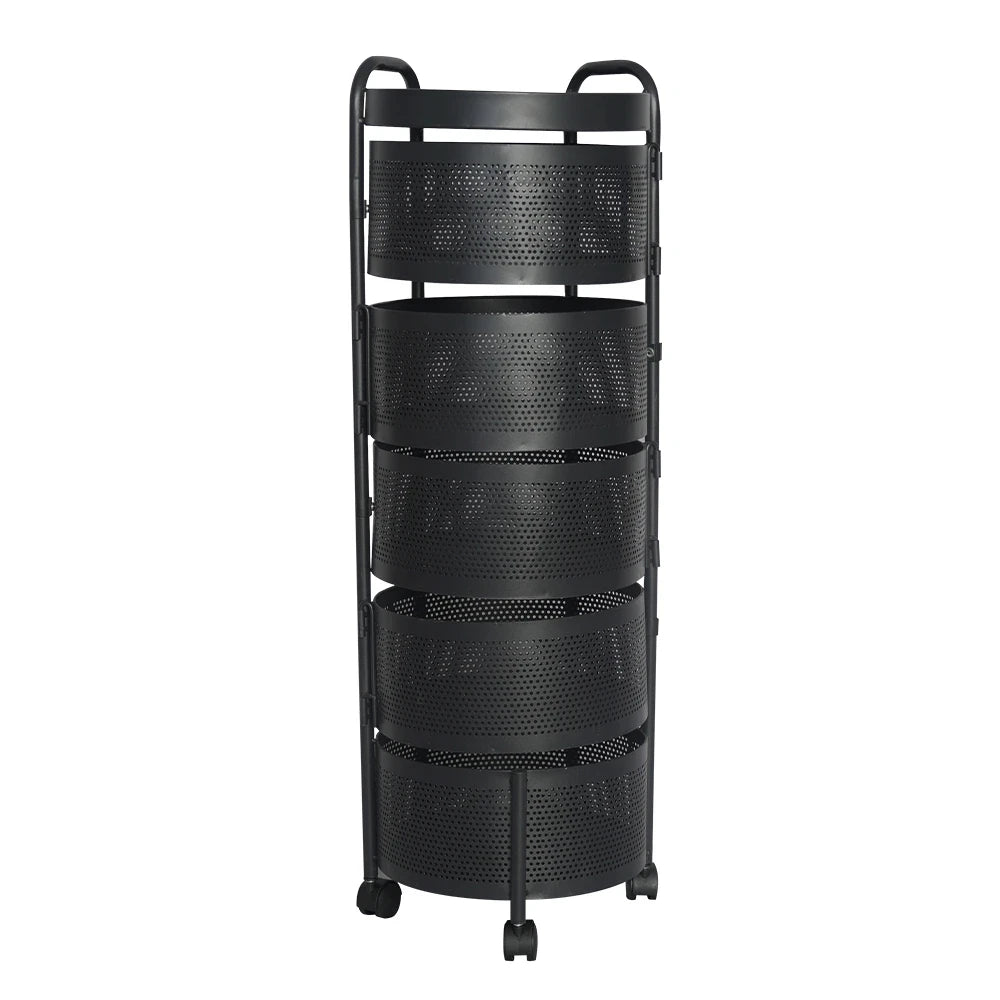 5-Tier Rotating Metal Storage Trolley with Wheels / Black Multi Layer Kitchen Basket Organizer Rack