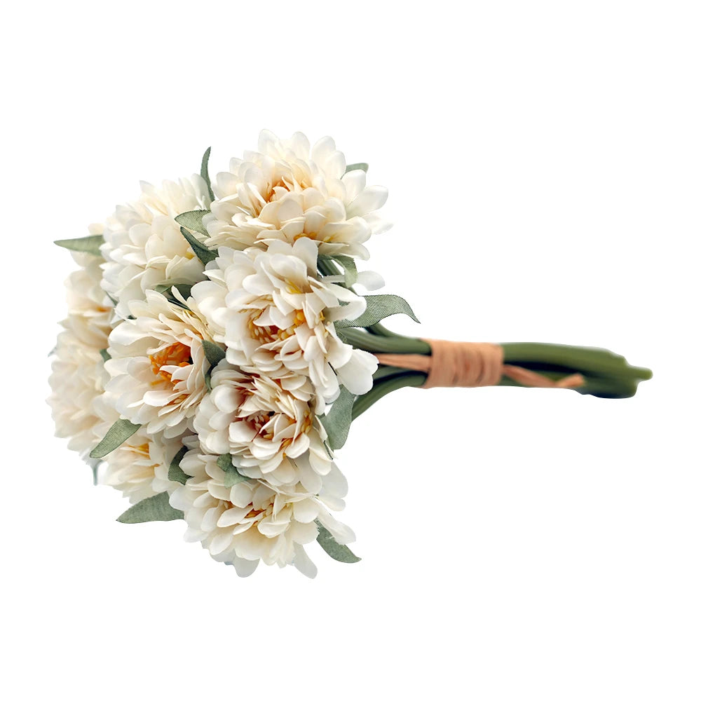 Artificial Chrysanthemum Flower Bouquet – Decorative Faux Floral Arrangement -White