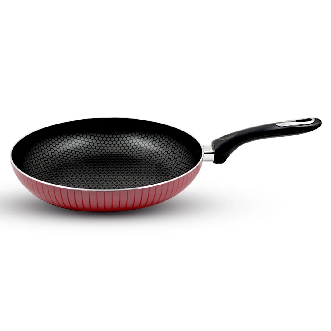 RED STRIPED NON-STICK COOKING PAN WITH GLASS LID-24 x 5cm