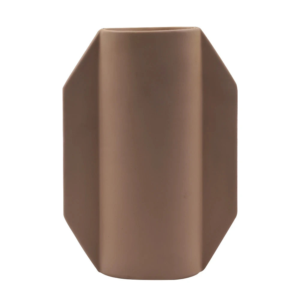 MATTE BROWN DECORATIVE VASE | MODERN GEOMETRIC CERAMIC FLOWER VASE