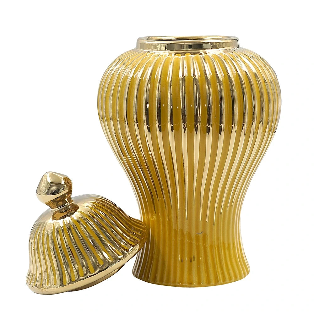 GLOSSY GOLD CERAMIC JAR COLLECTION | MODERN ACCENT VASES WITH LIDS - LARGE