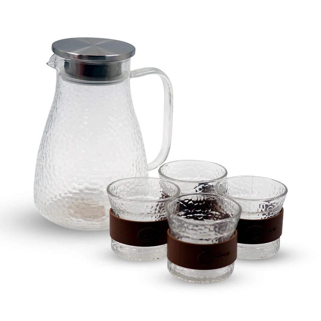 HAMMERED TEXTURE JUG WITH MATCHING GLASS CUP SET / ELEGANCE GLASS JUG & CUP SET