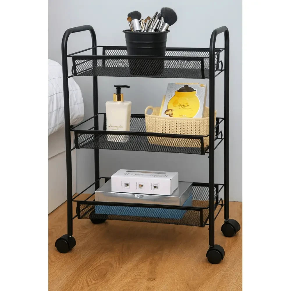 3-Tier Metal Mesh Storage Trolley / Multi-Purpose Metal Salon Trolley With Handle