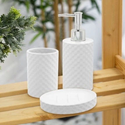 WHITE LUXE GRID CERAMIC BATHROOM ORGANIZER-3PCS SET