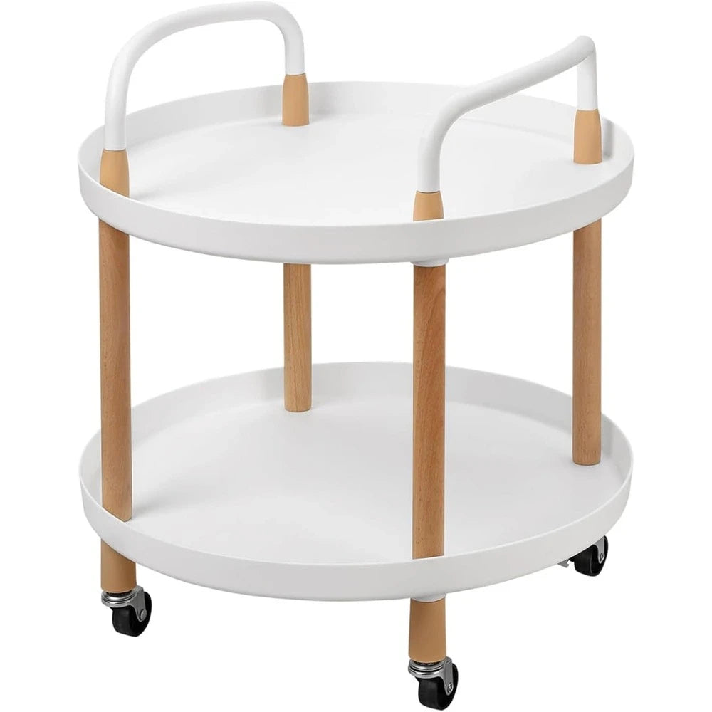 White Round Serving Cart with Wheels / Kitchen Storage Trolley with Wheels & Dual Handles