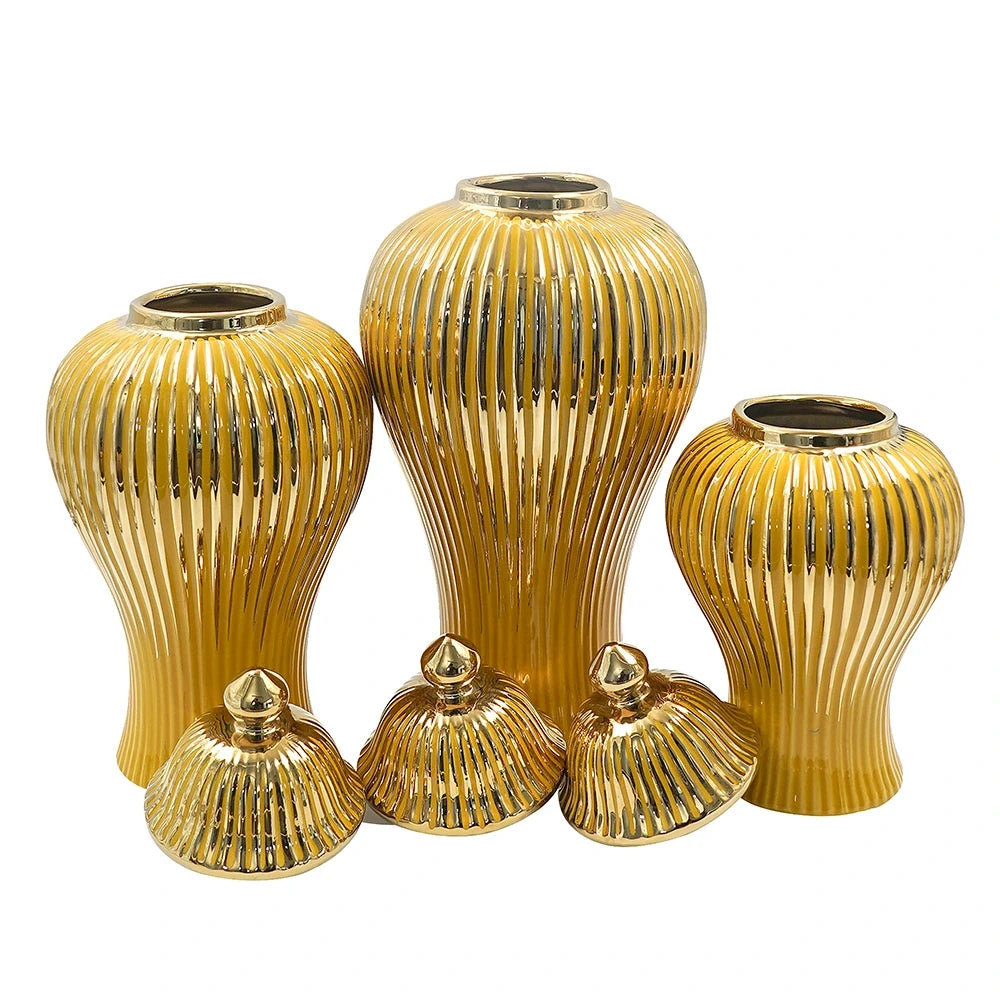 GLOSSY GOLD CERAMIC JAR COLLECTION | MODERN ACCENT VASES WITH LIDS