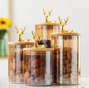 GOLDEN DEER GLASS STORAGE JAR / ANTLER GRACE STORAGE CANISTER
