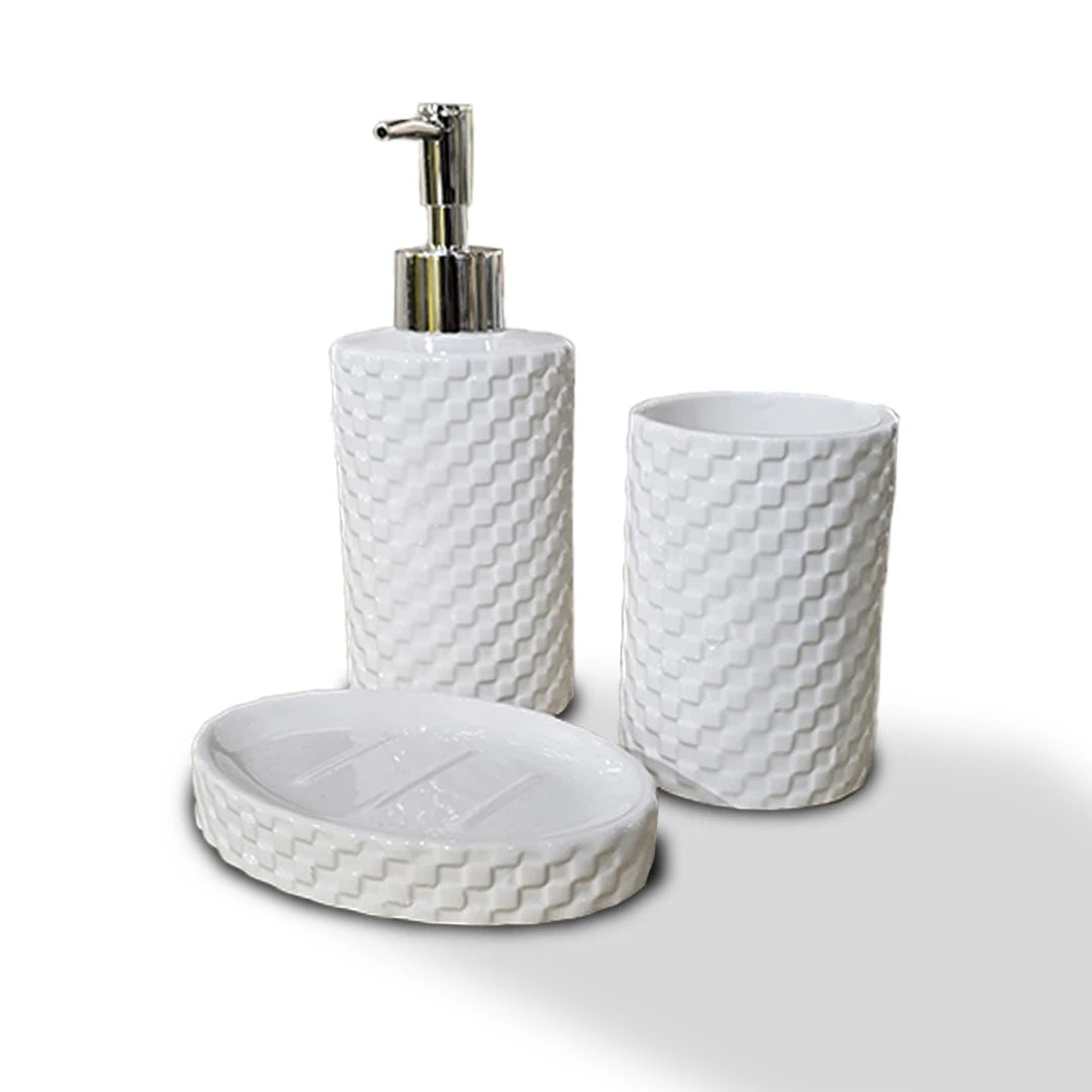 WHITE LUXE GRID CERAMIC BATHROOM ORGANIZER-3PCS SET