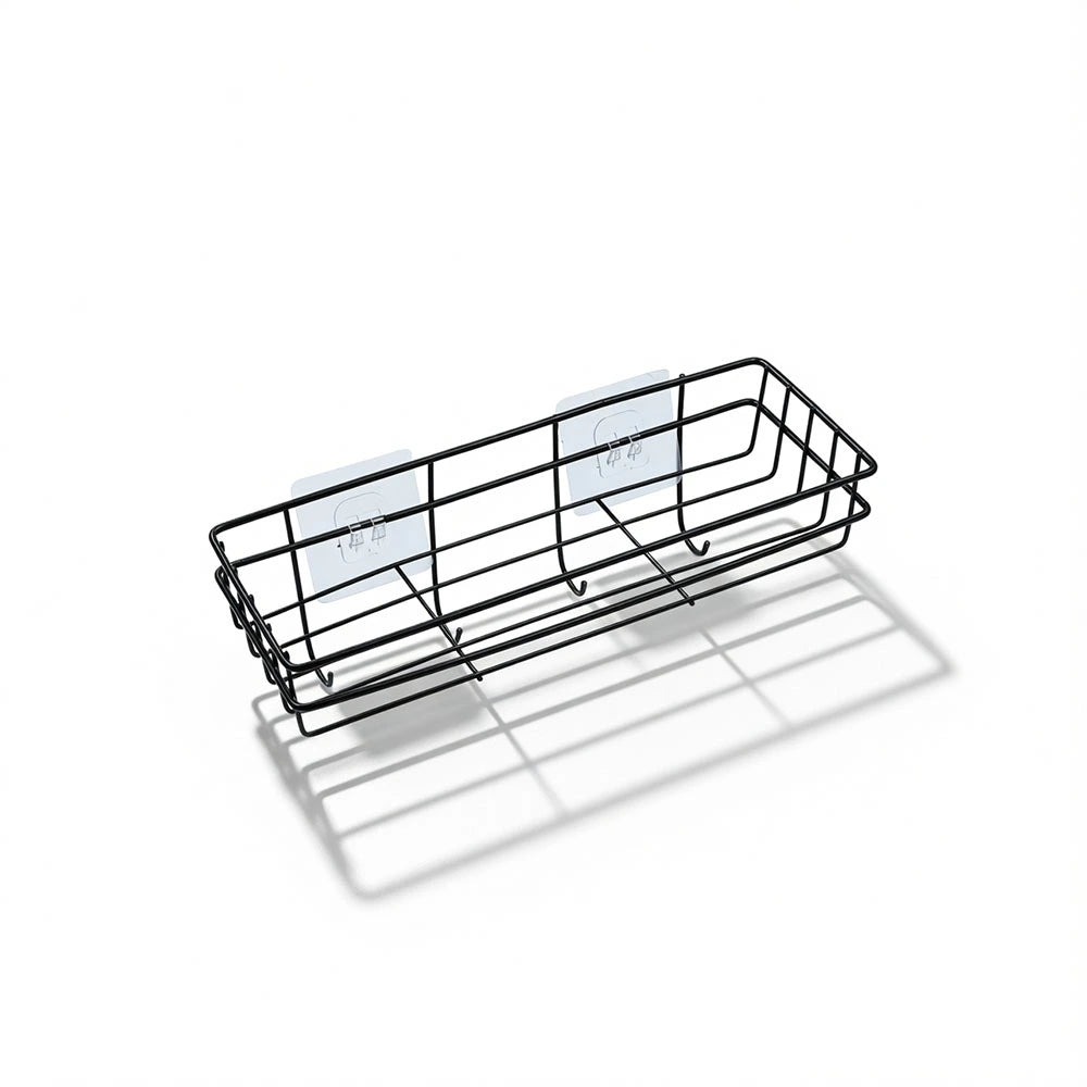 Black Wall Mounted Wire Bathroom Basket with Hooks