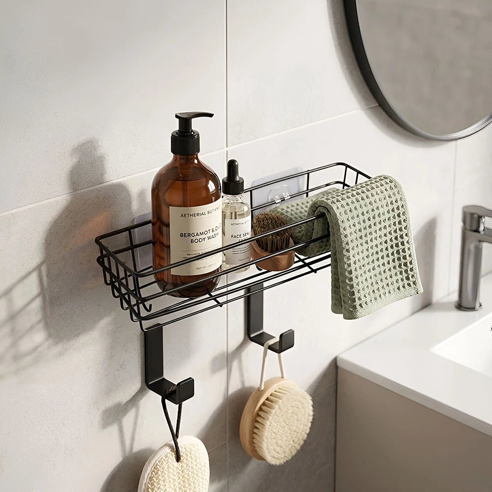 Black Wall Mounted Wire Bathroom Basket with Hooks