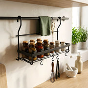 Black Wall Mounted Kitchen Spice Rack with Hooks