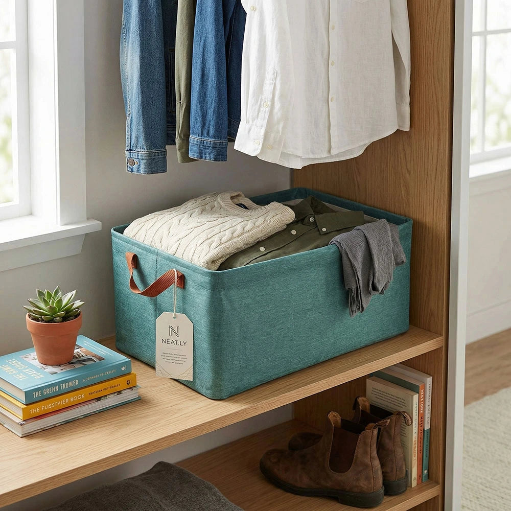 Teal Foldable Fabric Storage Basket with Handles