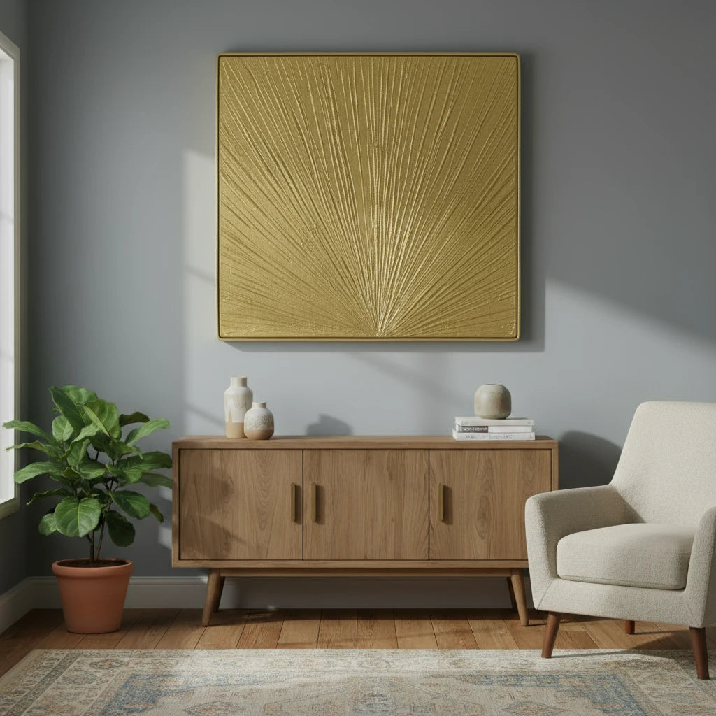 Golden Sunburst Textured Wall Art Panel – Gold Radiance Abstract Wall Frame
