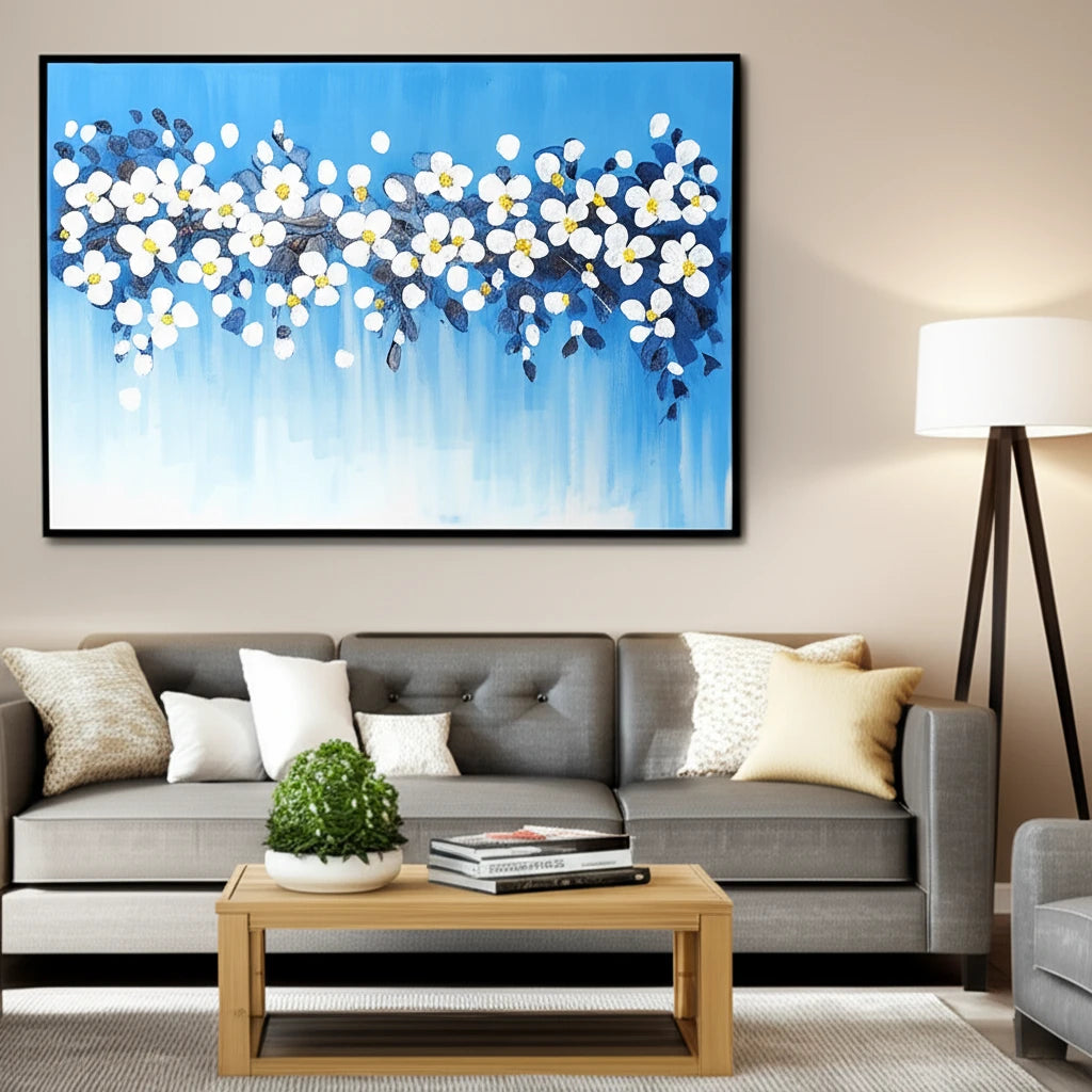 Blue Blossom Textured Wall Art – Modern Floral Canvas Wall Frame