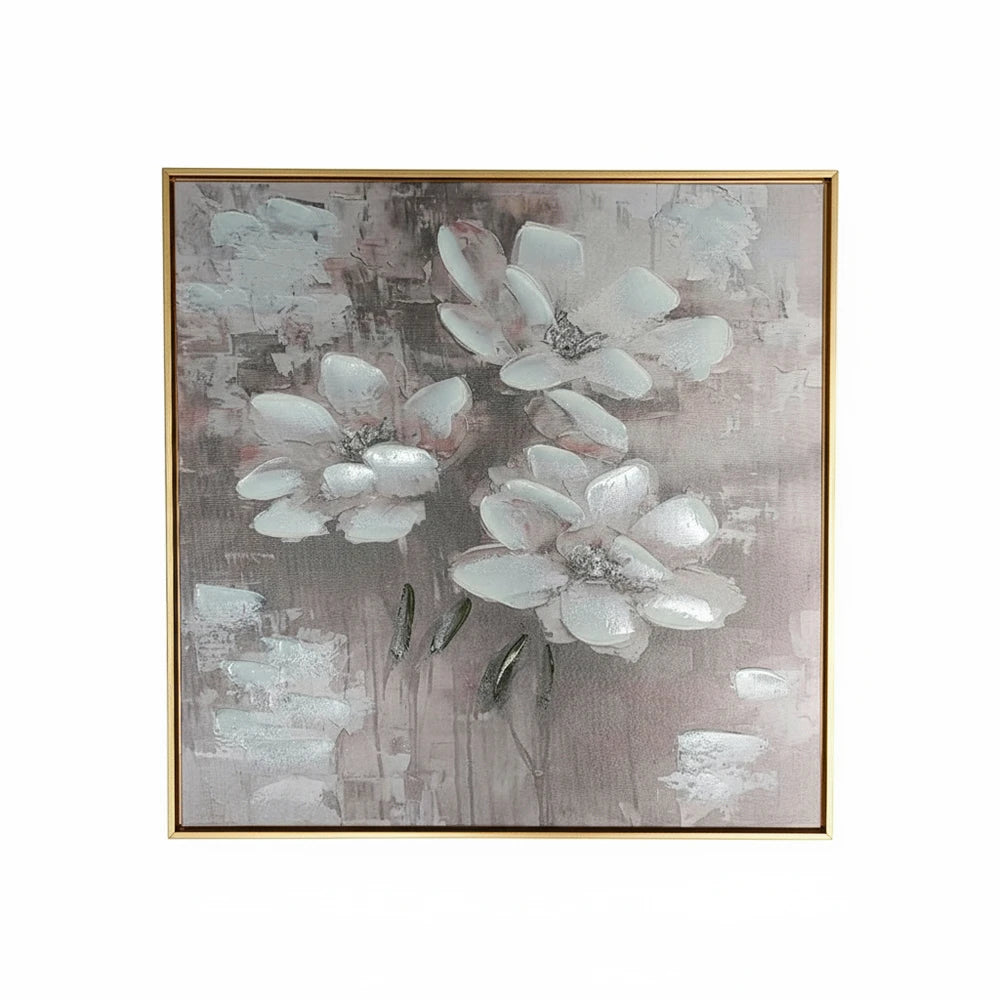 Modern Pastel Flower Wall Art – Textured Canvas with Gold Frame