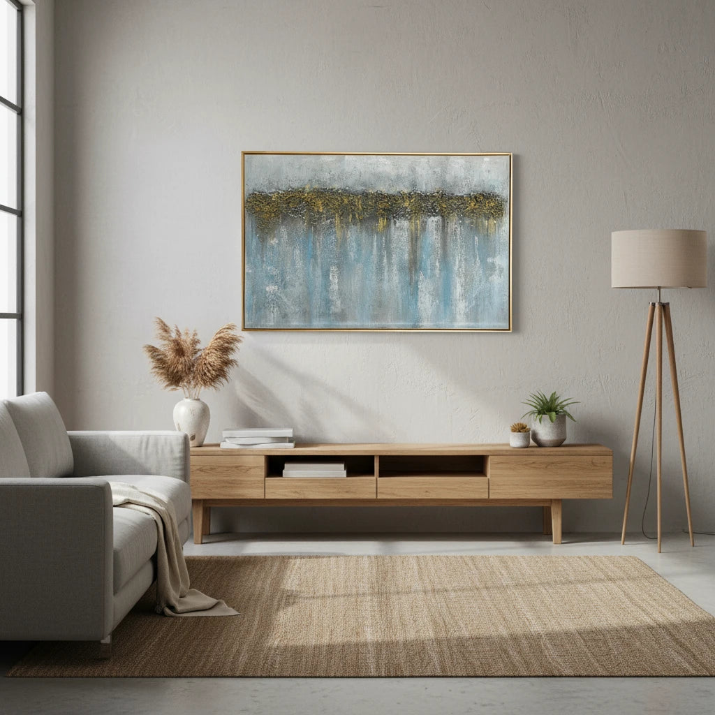 Blue Mist Gold Accent Textured Art Panel – Gold Drizzle Textured Wall Frame