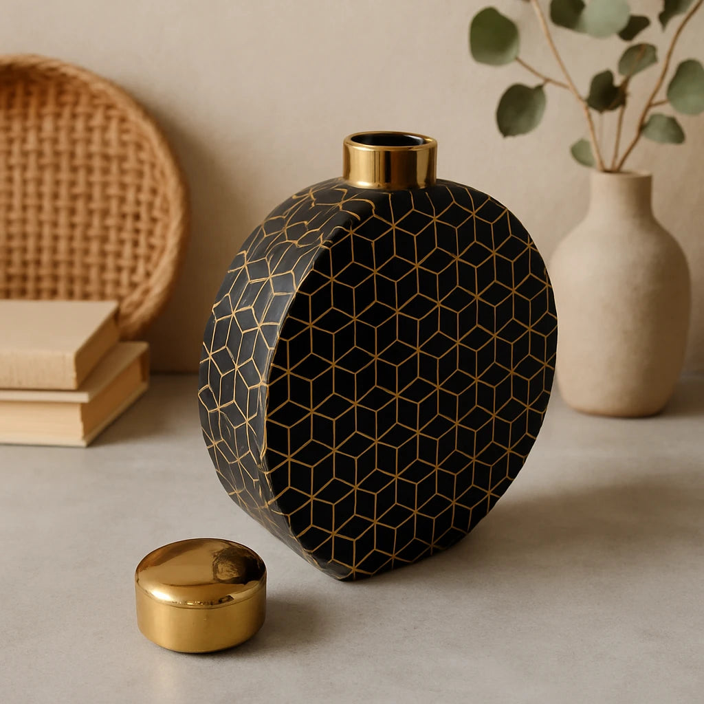 Modern Black Geometric Ceramic Vase with Gold Trim