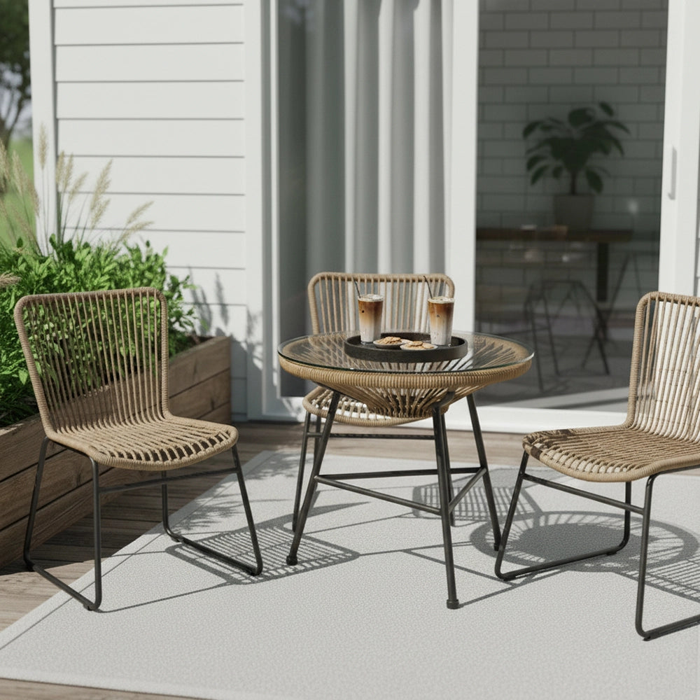 Stylish Woven Rope Outdoor Lounge Table with Glass Top