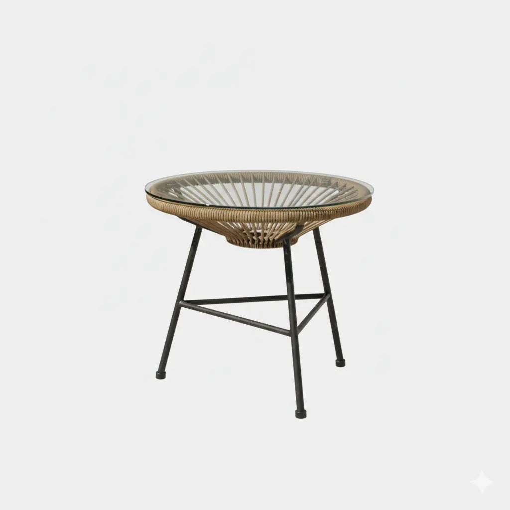Stylish Woven Rope Outdoor Lounge Table with Glass Top