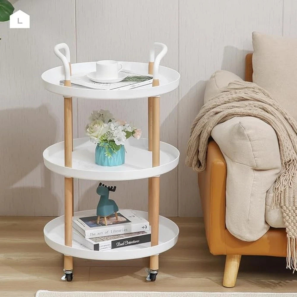 White Round Serving Cart with Wheels / Kitchen Storage Trolley with Wheels & Dual Handles