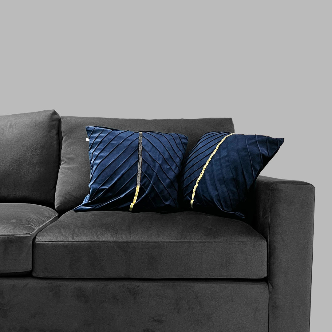 GOLDEN LINE EMBELLISHED VELVET BLUE SOFA PILLOW COVER
