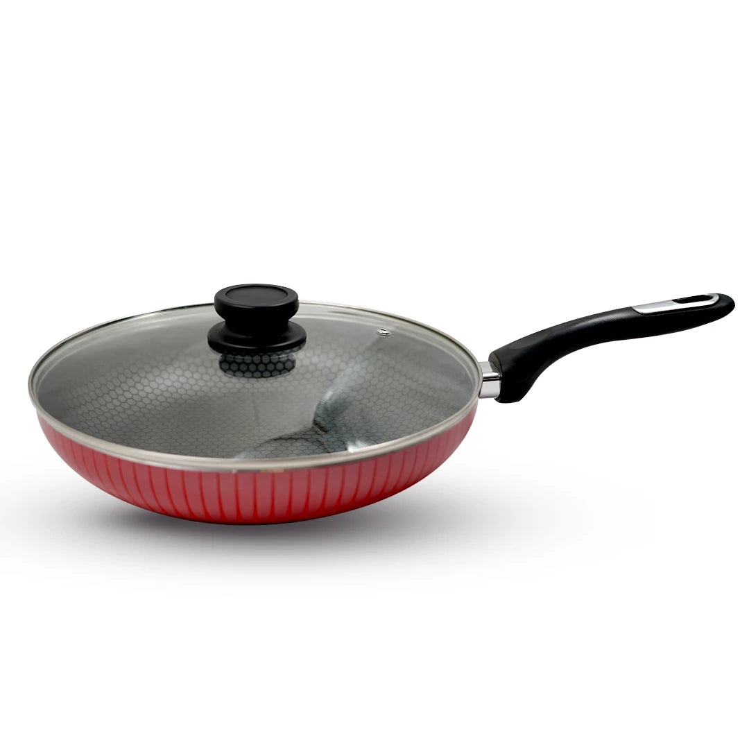 RED STRIPED NON-STICK COOKING PAN WITH GLASS LID