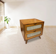 RATTAN DESIGN MAHOGANY BEDSIDE CUPBOARD WITH 2 DRAWERS