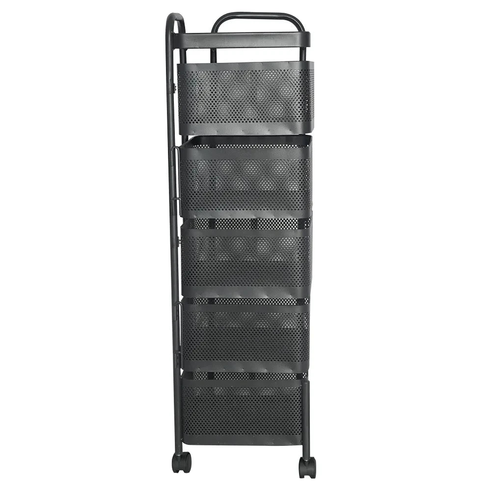 5-Tier Metal Kitchen Storage Rack with Handle / Portable Self-Rotating Metal Storage Trolley with Wheels