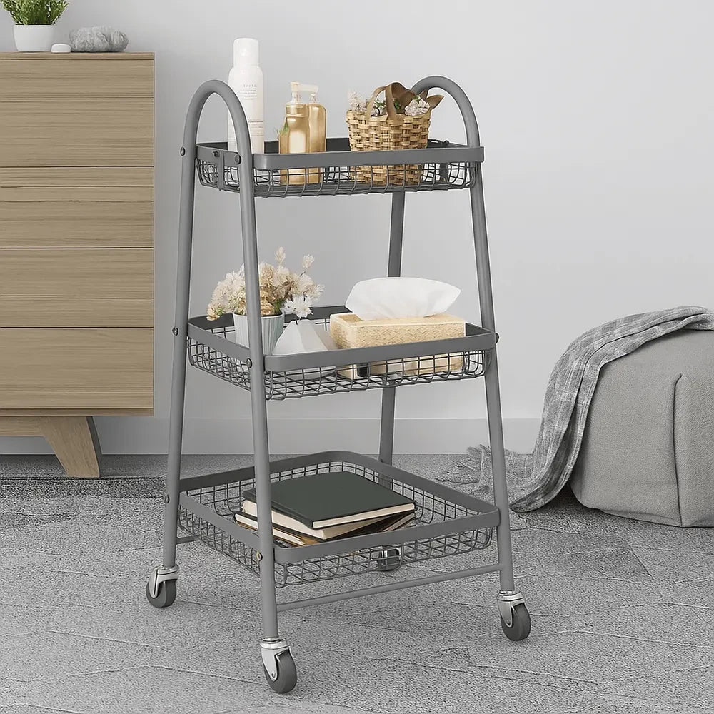3-Layer Kitchen Storage Basket Rack with Wheels / Multi-Purpose Metal Storage Trolley-Grey