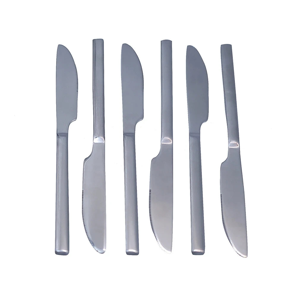 STAINLESS STEEL DINNER KNIFE SET – 6 PIECES | SQUARE EDGE HANDLE | MODERN TABLE KNIFE SET