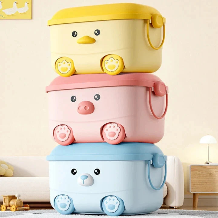 Cute Spacious & Playful Kids Storage Box / Stackable Children Organizer With Wheels & Handles