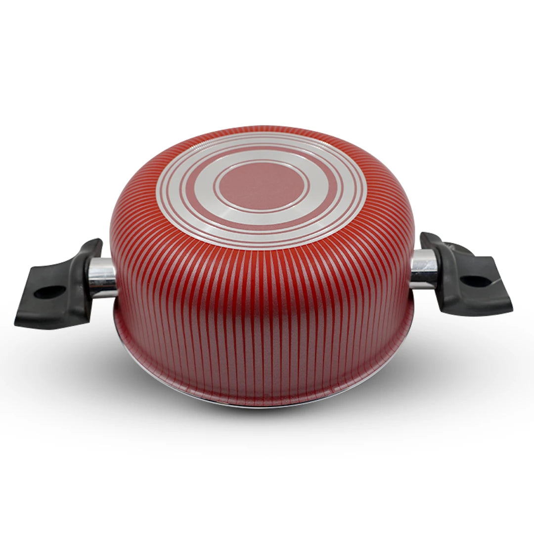 RED STRIPED NON-STICK COOKING POT WITH STAINLESS STEEL LID