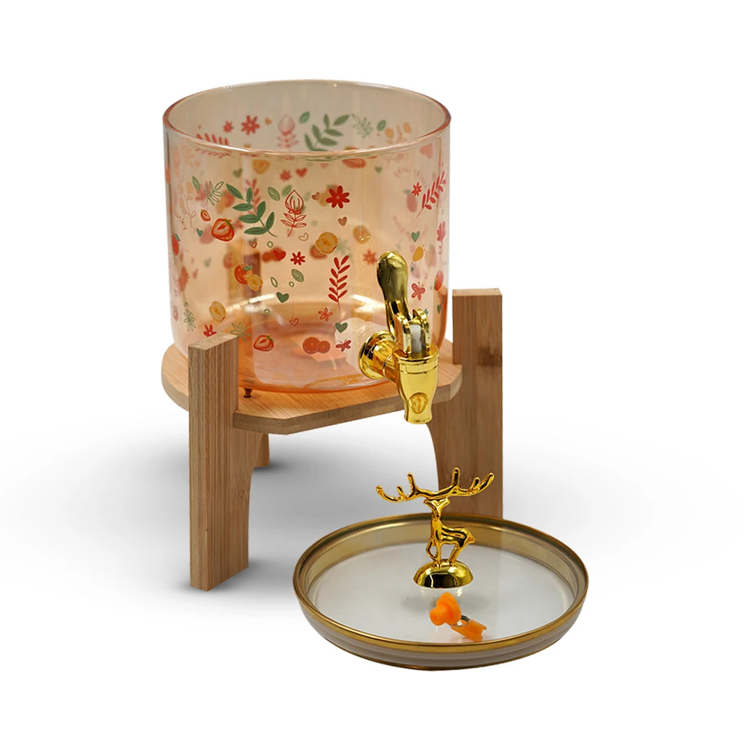 GOLDEN DEER FLORAL JUICE DISPENSER / ELEGANT DEER GLASS BEVERAGE SERVER