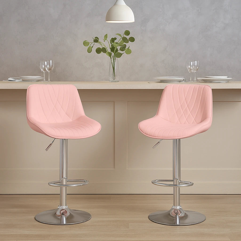Stylish Pink Adjustable Bar Stool with Footrest / Elegant Pink Upholstered Swivel Bar Chair