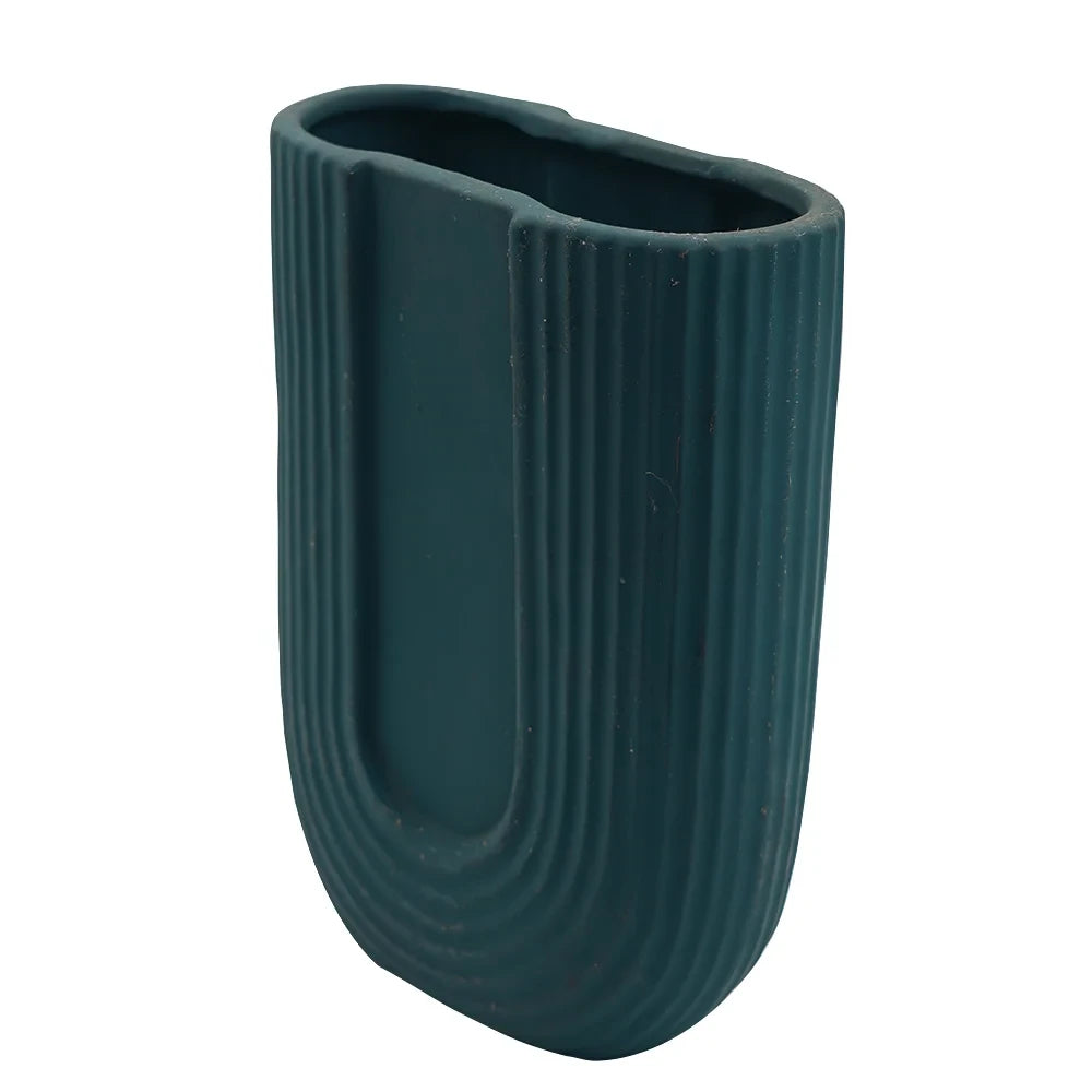 MATTE TEAL RIBBED CERAMIC VASE | U-SHAPED MODERN DECORATIVE VASE