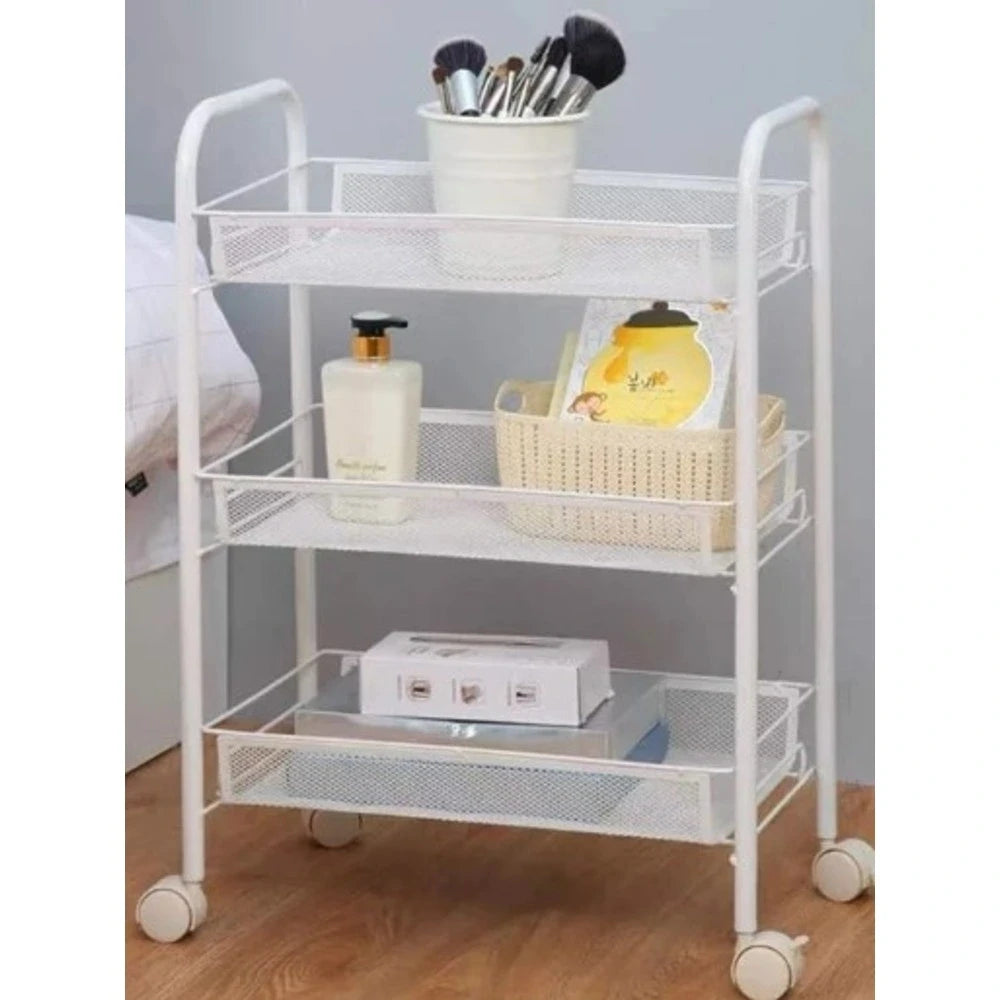 3-Tier Metal Mesh Storage Trolley / Multi-Purpose Metal Salon Trolley With Handle