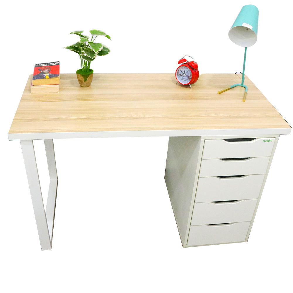Liam White Drawer Table with Washed Oak Top and Steel Leg