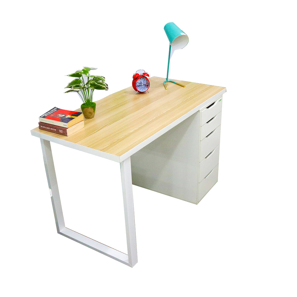 Liam White Drawer Table with Washed Oak Top and Steel Leg