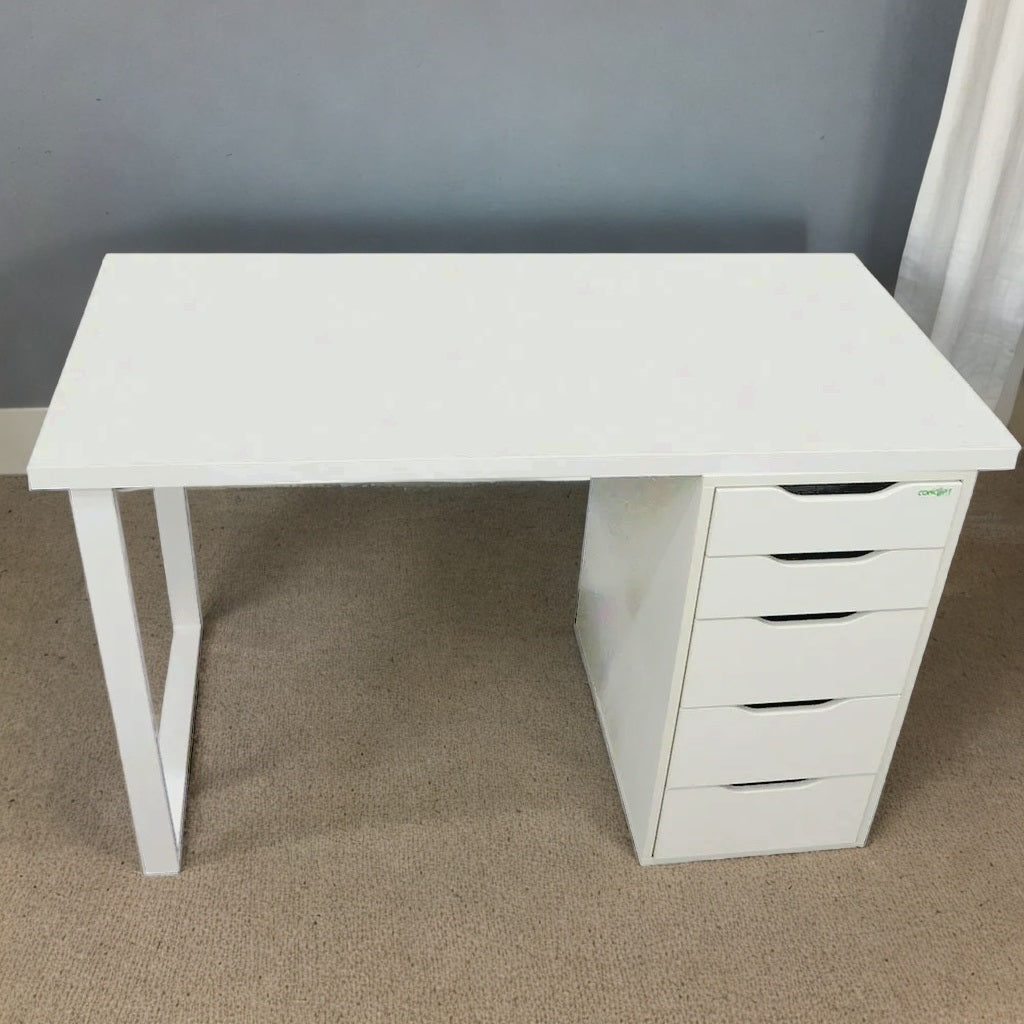 Liam White Drawer Table with White Top and Steel Leg